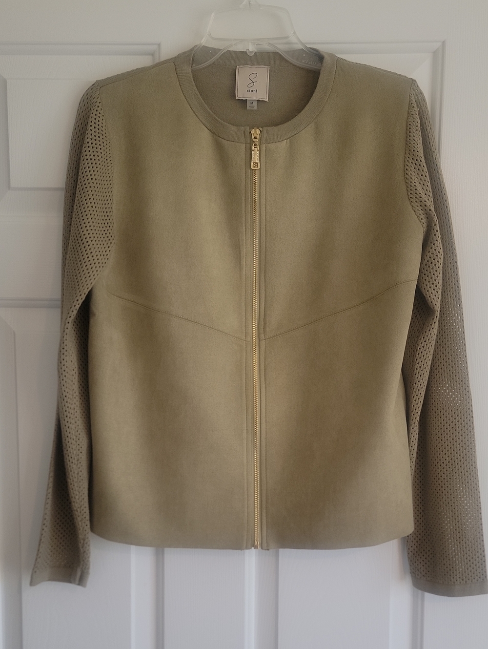 Sioni Olive Green Mixed Media, Faux Suede Front Perforated-Sleeve Zip Jacket, M
